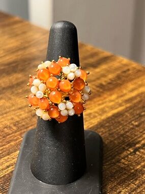 J. Crew Orange and Cream Floral Cluster Bead Cocktail Ring